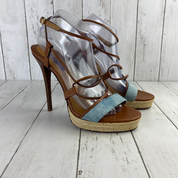 Ralph Lauren Purple Label Denim/Leather Strappy Jute Stiletto Heel Size 41B / 11 - Picture 1 of 16